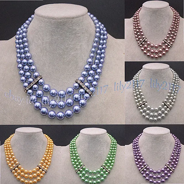 3 Rows Multicolor Shell Pearl Round Beads Layered Necklace 17-19'' 8-10-12mm