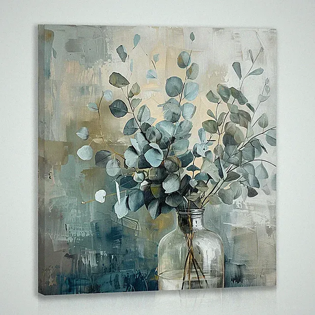 Framed Eucalyptus Leaf Wall Art, Sage Green Botanical Canvas Print, Rustic Fa...