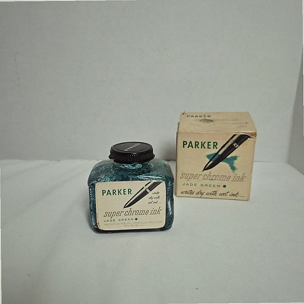 Parker Super Chrome Jade Green Ink Bottle w/ Box Ink Dried Advertising VTG Prop