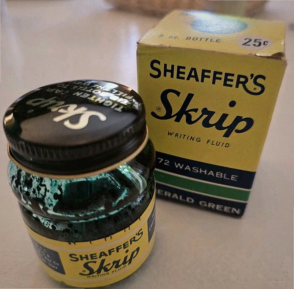 Vintage Sheaffers Skrip Writing Fluid Ink Bottle And Box Emerald Green